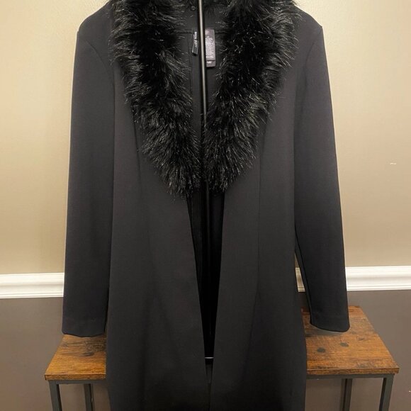 Bisou Bisou Black Coat/Cardigan with Faux Fur Collar, Size L - Picture 1 of 6